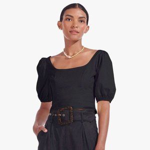 STAUD Black Papaya Puff-Sleeve Square Neck Crop Top